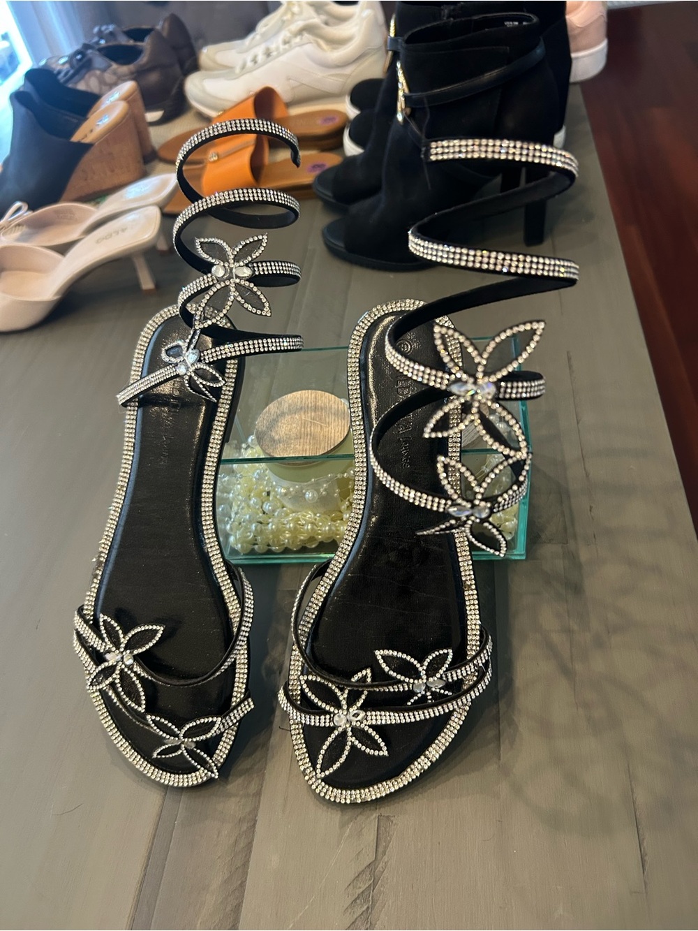 Wild Diva Black Rhinestone Floral Wrap Gladiator Sandals